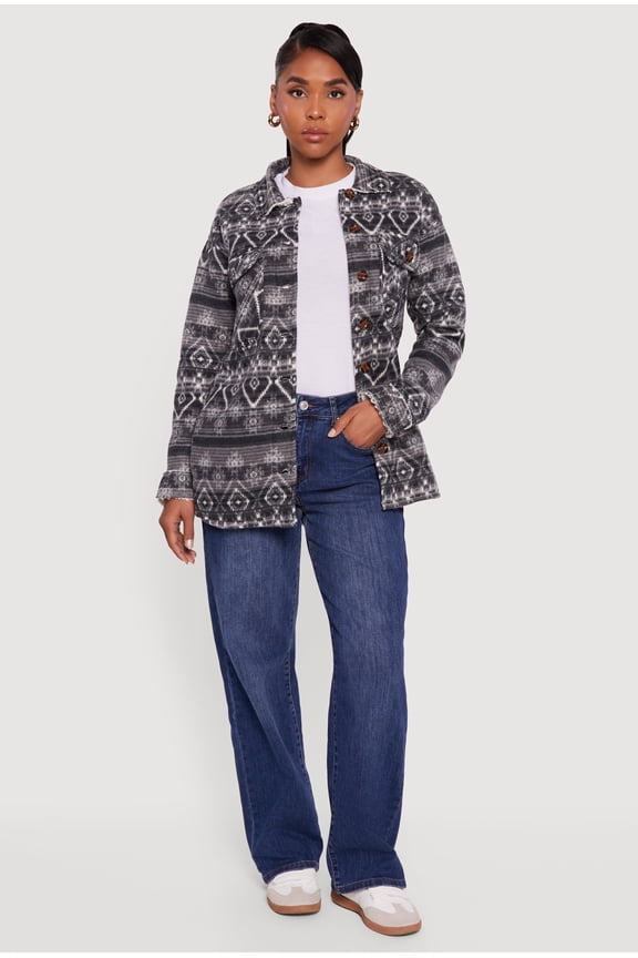 Women's Fair Isle Print Sherpa Lined Fleece Shacket