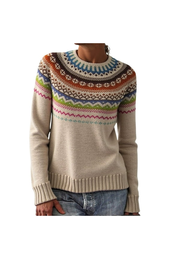 Women's Fair Isle Print Sweater Retro Casual Loose Crewneck Long Sleeve Tops Lightweight Fashion Pullover