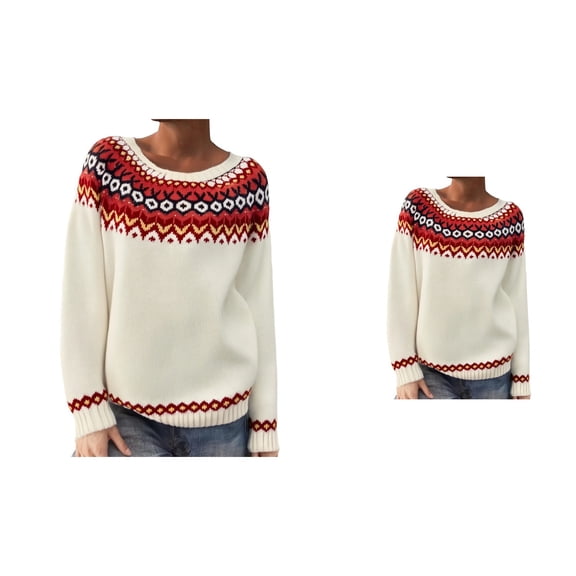 Women's Fair Isle Pullover Sweater – Soft Knit Long Sleeve Crewneck with Color Block & Vintage Cable Knit, Loose Fit Cozy Winter Fall Top