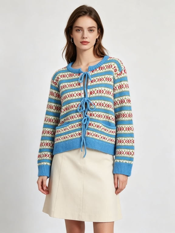 Women's Fair Isle Striped Tie Front Knit Cardigan Sweater, Long Sleeve Cropped Cardigan with Pockets