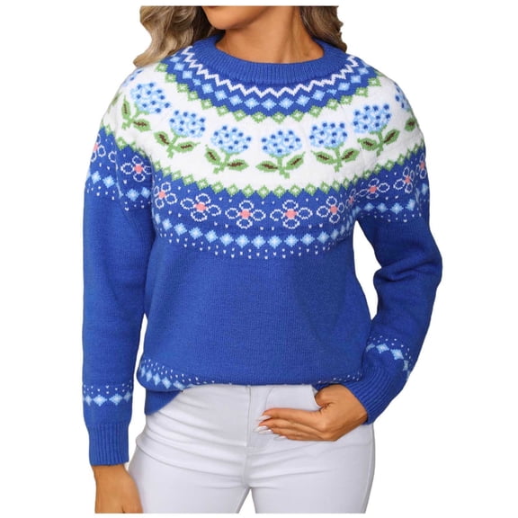 Women's Fair Isle Sweater Casual Knitted Pullover Sweaters Long Sleeve Crew Neck Jumper Tops Blue L