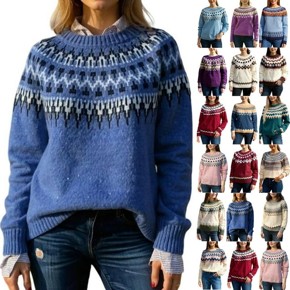 Women's Fair Isle Sweater Casual Vintage Crew Neck Knitted Sweater Cute Graphic Fall Fashion Pullover Jumper Tops Wine L