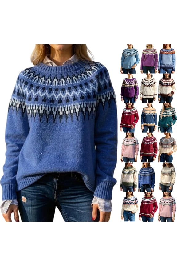 Women's Fair Isle Sweater Casual Vintage Crew Neck Knitted Sweater Cute Graphic Fall Fashion Pullover Jumper Tops Wine M