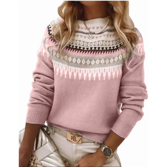 Women's Fair Isle Sweater Casual Vintage Crew Neck Knitted Sweater Cute Graphic Fall Fashion Pullover Jumper Tops