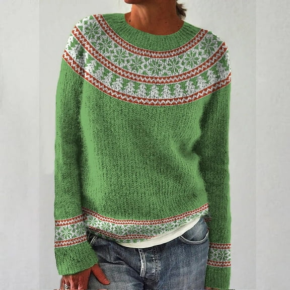 Women's Fair Isle Sweater Colorful Argyle Crewneck Knitted Sweaters Vintage Style (Green M)