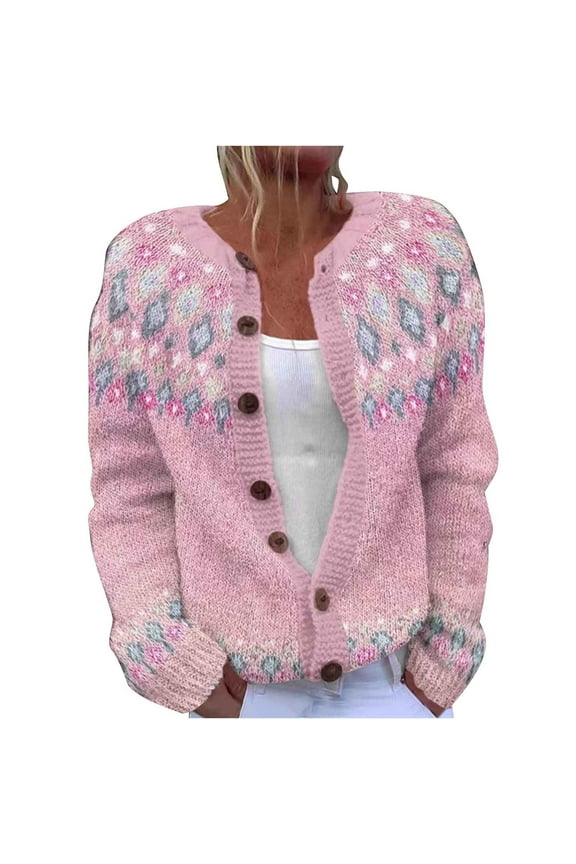 Women's Fair Isle Sweater Floral Print Knit Cardigan Sweaters Fall Vintage Button Down Colorful Argyle Knit Jackets