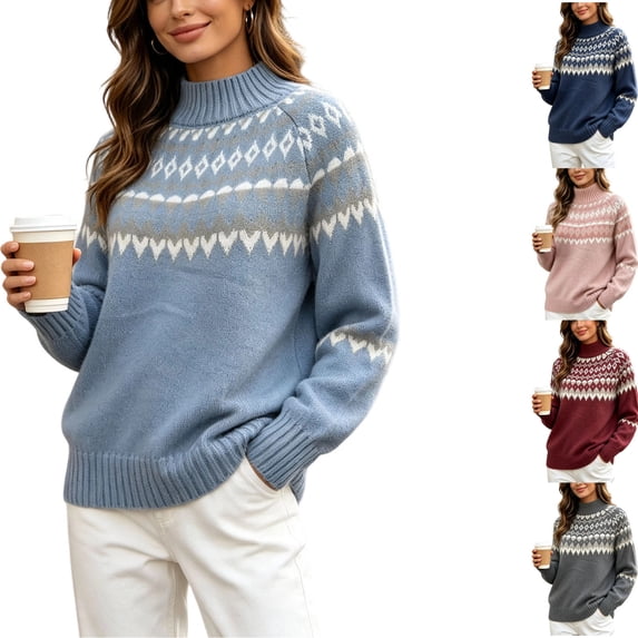 Women's Fair Isle Sweater Mock Neck Long Sleeve Loose Fit Casual Pullover Top