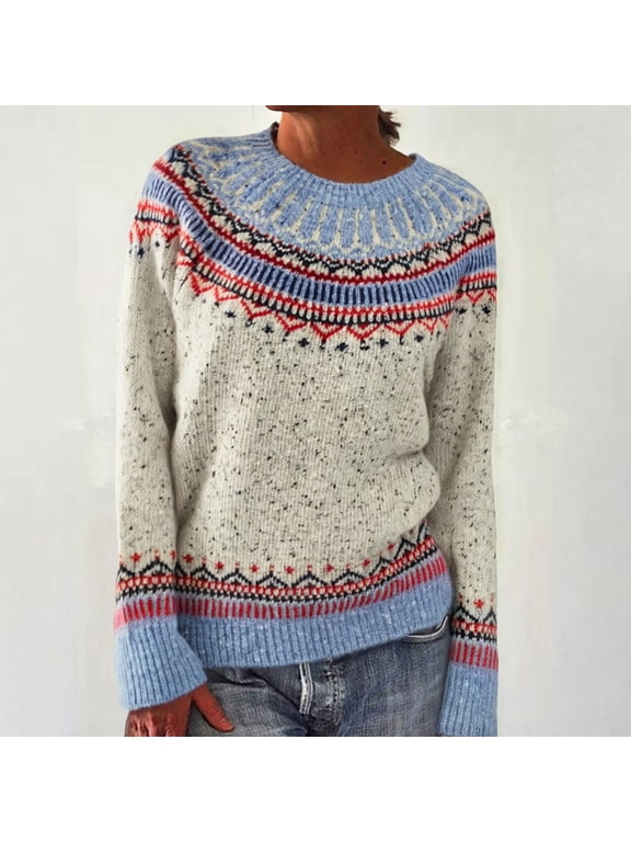 Women's Fair Isle Sweater Norwegian Sweater Women Retro Sweaters Cute Sweaters Oversized Sweaters Winter Sweaters Fall Sweaters Vintage Sweater Crew Neck Sweater Pullover Sweaters