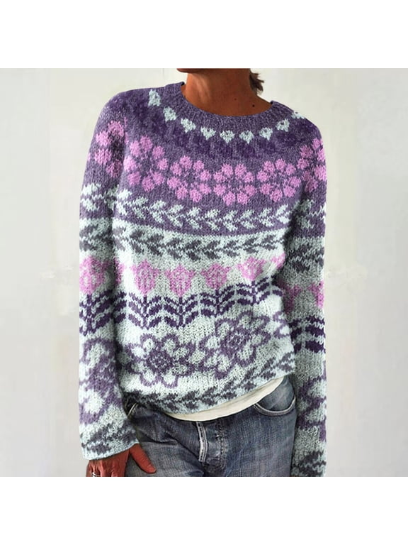 Women's Fair Isle Sweater Norwegian Sweater Women Retro Sweaters Cute Sweaters Oversized Sweaters Winter Sweaters Fall Sweaters Vintage Sweater Crew Neck Sweater Pullover Sweaters
