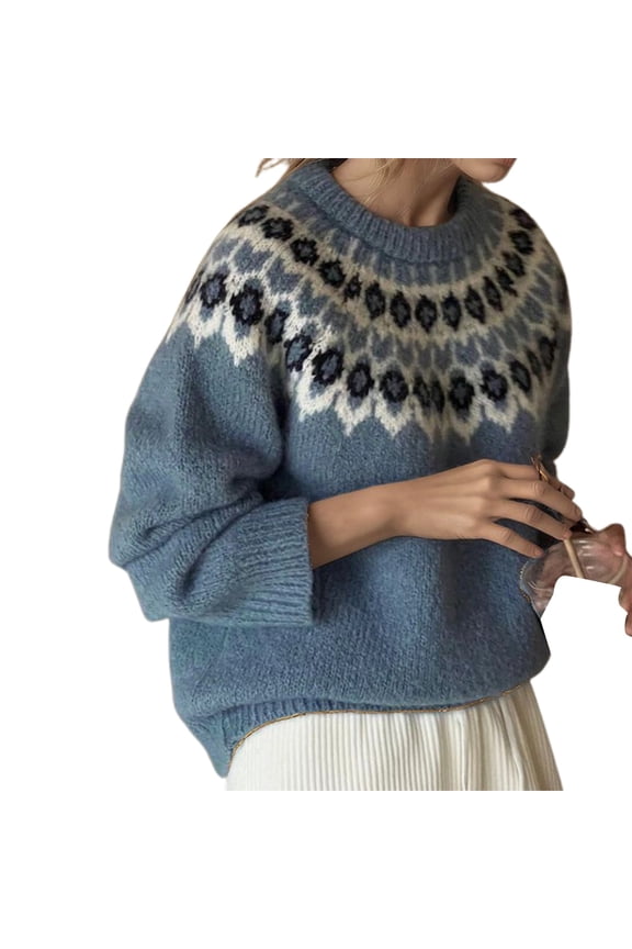 Women's Fair Isle Sweater Vintage Crew Neck Knitted Sweater Blue XXXXS