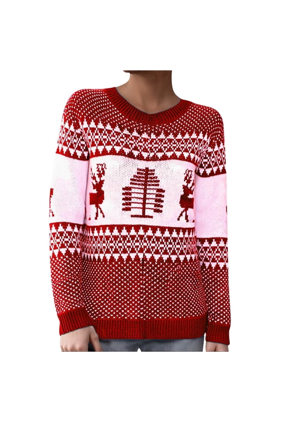 Women's Fair Isle Sweaters Crew Neck Pullover Sweater Red XXXXS