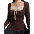 thumbnail image 1 of Women's Fairy Grunge Long Sleeve Knit Tops, Y2K Lace Patchwork Neck Shirt Bowknot Slim-Fit Pullover Aesthetic Bottom Tops, 1 of 6