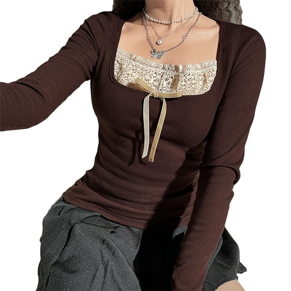 Women's Fairy Grunge Long Sleeve T-Shirt Tops Y2k Lace Square Neck Vintage Aesthetics Slim Fit Crop Top Basic Tee Top