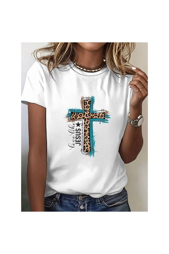 Women's Faith-Based "Love Like Jesus" Leopard Print Cross Graphic Comfortable T Shirt Short Sleeve Round Neck Top White S-5XL