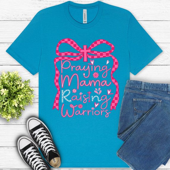 Women’s Faith-Based Premium Tee Praying Mama Raising Warriors | Religious Mom Shirt, Aqua, S