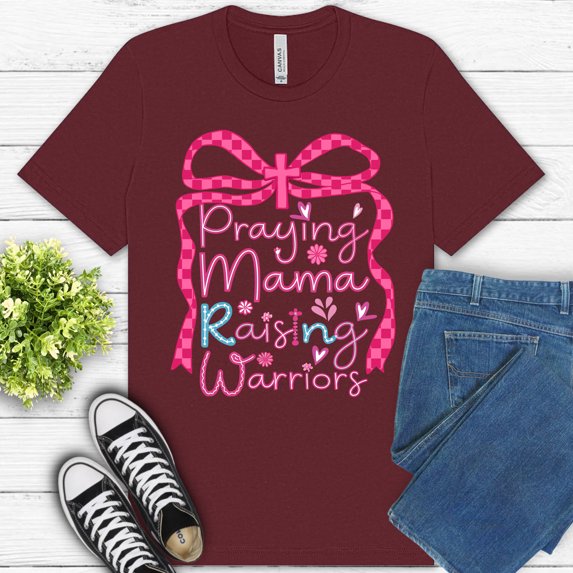 Women’s Faith-Based Premium Tee Praying Mama Raising Warriors | Religious Mom Shirt, Maroon, M