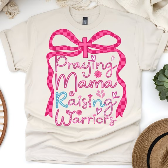 Women’s Faith-Based Tee Praying Mama Raising Warriors | Religious Mom Shirt, Natural, Size XL