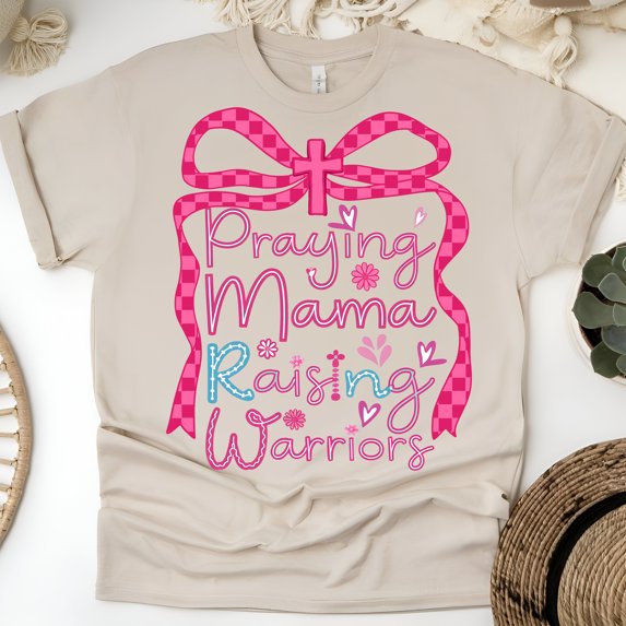 Women’s Faith-Based Tee Praying Mama Raising Warriors | Religious Mom Shirt, Sand, Size S