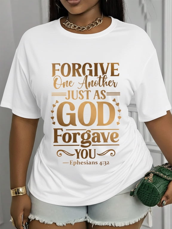 Women’s Faith Bible Verse Graphic T-Shirt Ephesians 432 Forgive One Another Religious Gold Print Short Sleeve Tee