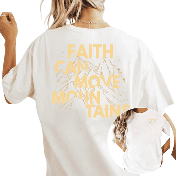 Women's Faith Can Move Mountains Matthew 17:20 Gold Mountain Christian Graphic Tee Short Sleeve Round Neck Top White S-5XL