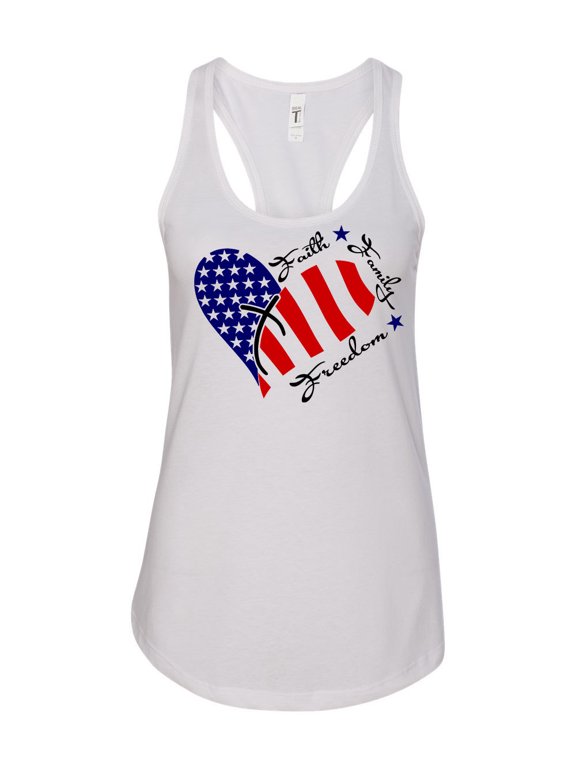 Women's Faith, Family, and Freedom Patriotic Fourth of July Independence Day Racerback Tank Top Graphic Tee-White-medium