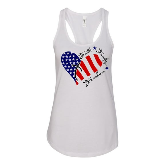 Women's Faith, Family, and Freedom Patriotic Fourth of July Independence Day Racerback Tank Top Graphic Tee-White-xxl