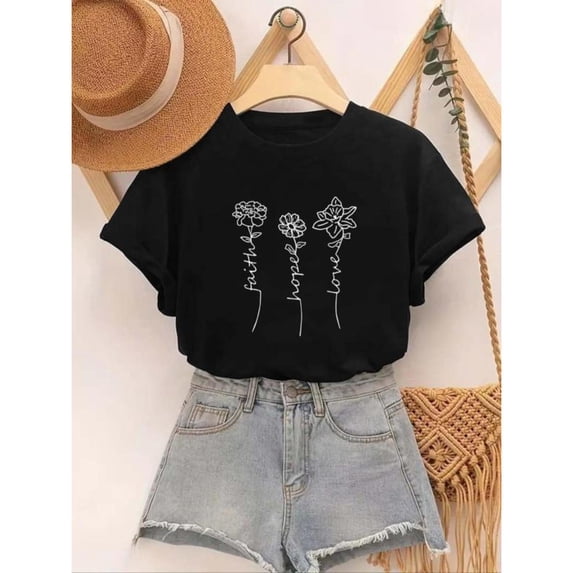 Women's "Faith Hope Love Floral Line Art" Minimalist Graphic Breathable T-Shirt Cotton Short Sleeve Round Neck Top Black S-5XL