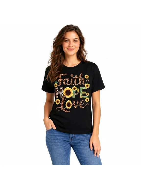 Women's Faith Hope Love Graphic T-Shirt, Sunflower Christian Cotton Crew Neck Casual Tee