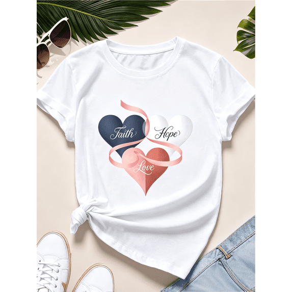 Women's Faith Hope Love Heart Ribbon Graphic T-Shirt, Inspirational ...