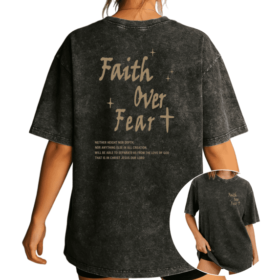 Women's Faith Over Fear Christian Bible Verse Back Print Graphic Casual Short Sleeve Washed Tee Black S-2XL Plus Size