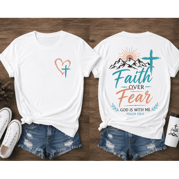 Women's Faith Over Fear Christian Graphic T-Shirt Inspirational Cross Mountain Short Sleeve Crew Neck Casual Religious Tee