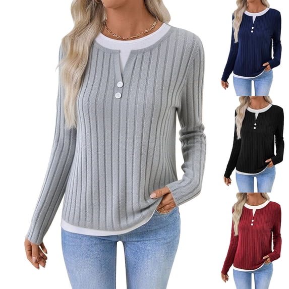 Women's Fake Two Piece Round Neck Button Pullover Long Sleeve T-Shirt Tops Blouses Crewneck Brushed Solid Color Casual Daily Wear Loungewear Travel Outfits Fashion Essential Gift for Women
