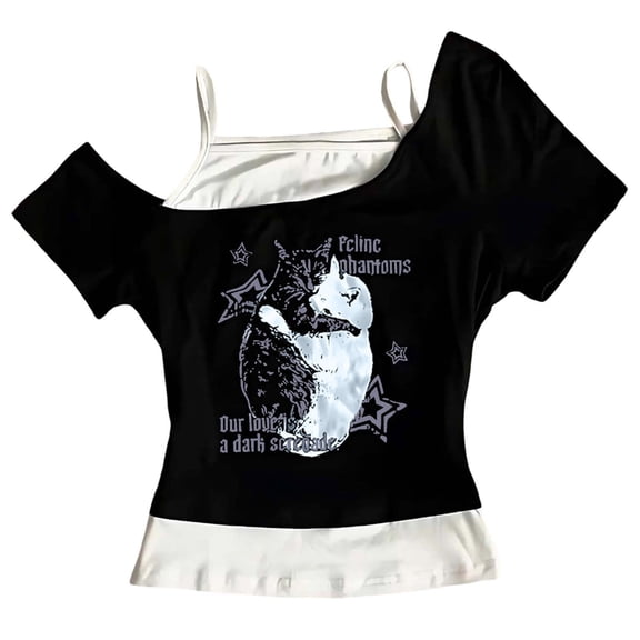 Women's Fake Two Piece Tee with Short Sleeves Solid Color Shirts Dressy Casual Fall Tops