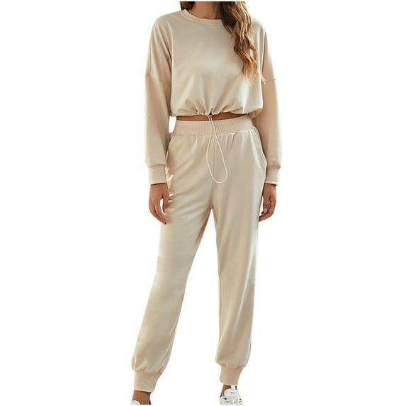 Women's Fall 2 Piece Jogger Outfits Tracksuit Long Sleeve Drawstring Crop Top Sweatpants Sets Sweatsuits Sets