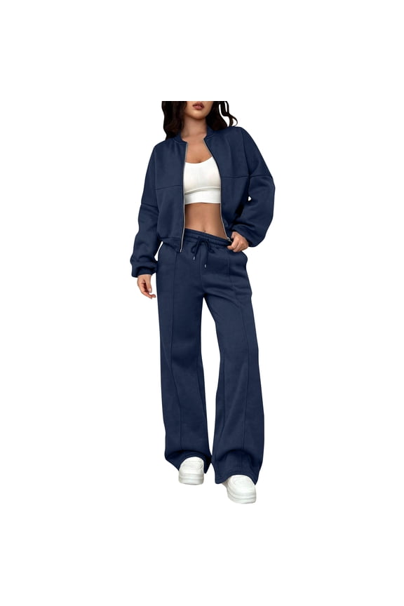 Women's Fall 2 Piece Lounge Sweatsuits Set Zip Up Sweatshirt Jacket Wide Leg Sweatpants Lounge Sets Tracksuit Y2k Dark Blue S