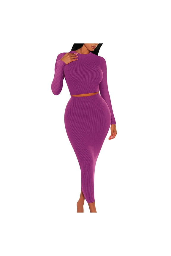 Women's Fall 2 Piece Sweater Set Long Sleeve Ribbed Knit Crop Tops Bodycon Maxi Skirt Sets Tight Stretchy Elegant Outfits, Hot Pink, L