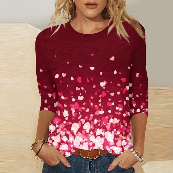 Women's Fall 3/4 Sleeve Textured Tunics Tops Dressy Casual Crew Neck Work Shirts Business Casual Blouses Red XXL