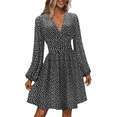 thumbnail image 1 of Women's Fall A-Line Midi Dress V-Neck Long Lantern Sleeve Elastic Waist Ruffle Flowy Swing Spring Dresses, 1 of 5