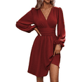 thumbnail image 1 of Women's Fall A-Line Midi Dress V-Neck Long Lantern Sleeve Elastic Waist Ruffle Flowy Swing Spring Dresses, 1 of 6