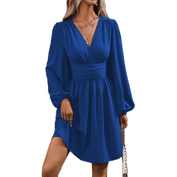 Women's Fall A-Line Midi Dress V-Neck Long Lantern Sleeve Elastic Waist Ruffle Flowy Swing Spring Dresses
