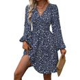 thumbnail image 1 of Women's Fall A-Line Midi Dress V-Neck Long Lantern Sleeve Elastic Waist Ruffle Flowy Swing Spring Dresses, 1 of 7