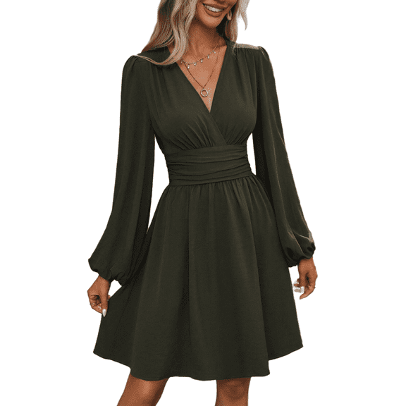 Women's Fall A-Line Midi Dress V-Neck Long Lantern Sleeve Elastic Waist Ruffle Flowy Swing Spring Dresses