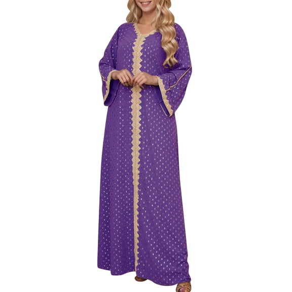 ZQUUVOU Women's Fall And Winter Muslim Fashion Lace Ethnic Style Dress Purple