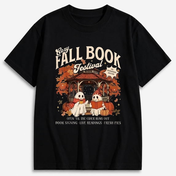 Women's Fall Book Festival Ghosts Teacher Halloween Shirt, Graphic Short Sleeve T-Shirt