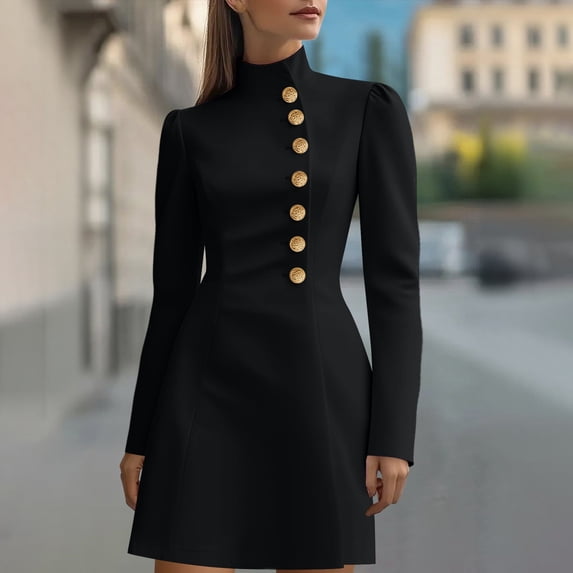 Women's Fall Business Dress Winter Long Sleeve Mock Neck Fashion Button Elegant Work Formal Cocktail Party Short Dresses Black XXL