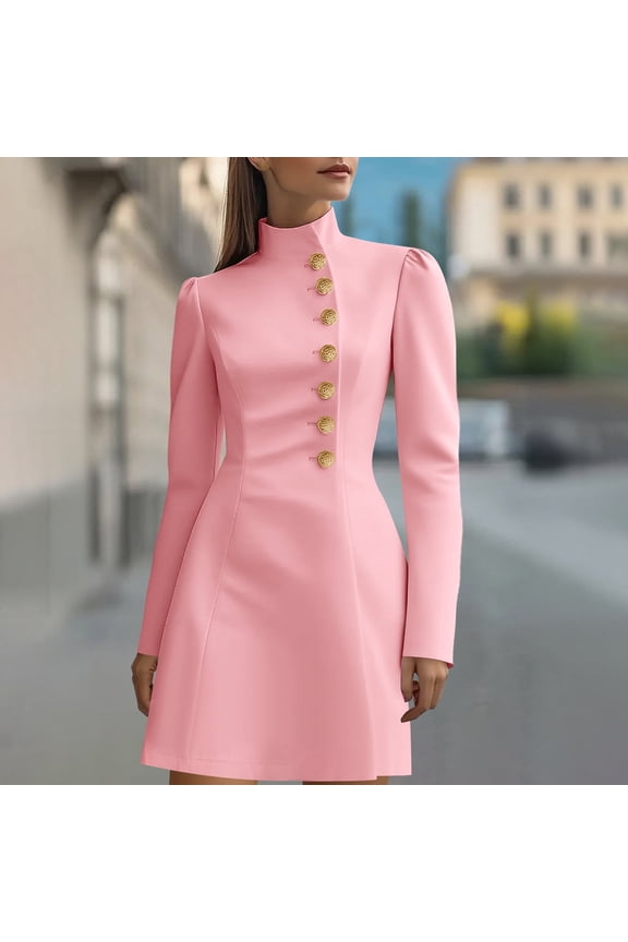 Women's Fall Business Dress Winter Long Sleeve Mock Neck Fashion Button Elegant Work Formal Cocktail Party Short Dresses L