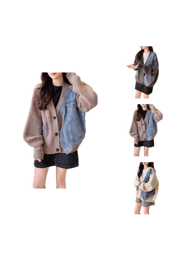 Women's Fall Cardigan Knitted Denim Patchwork Open Front Sweater Jacket Casual Long Sleeve Button Up Outwear Cardigan Sweaters for Women
