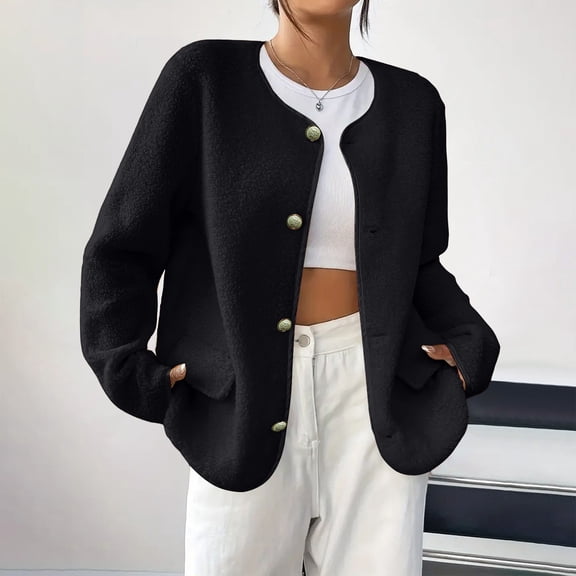 Women's Fall Cardigans for Women 2026,Oversized Plush Button Front Cardigan Round Neck Soft Coat with Pockets,Plus Size Options Casual Comfort Outerwear Black L
