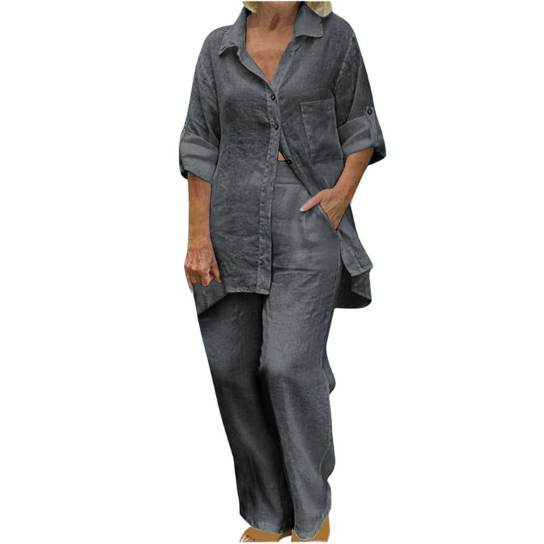 Women's Fall Casual 2 Piece Outfits Rolled Long Sleeve Button Down Shirt  Wide Leg Pants Set Plus Size Loungewear 