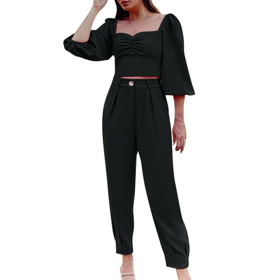 Women's Fall Casual 2 Piece Outfits Solid Color Long Sleeve Square Neck Ruched Crop Tops High Waist Capri Pants Sets